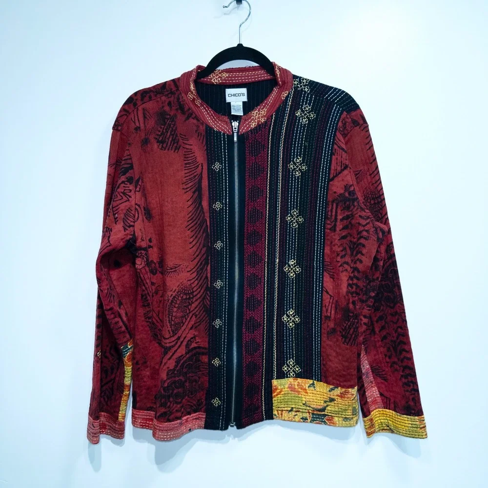 Chico's Red Indian‎ Kantha Quilt Embroidered Jacket Size 3 / XL